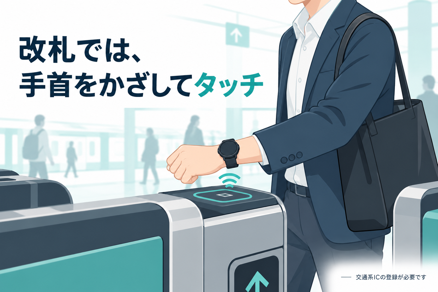 交通系ICを登録したスマートウォッチを改札の読み取り部にかざす場面のイラスト。